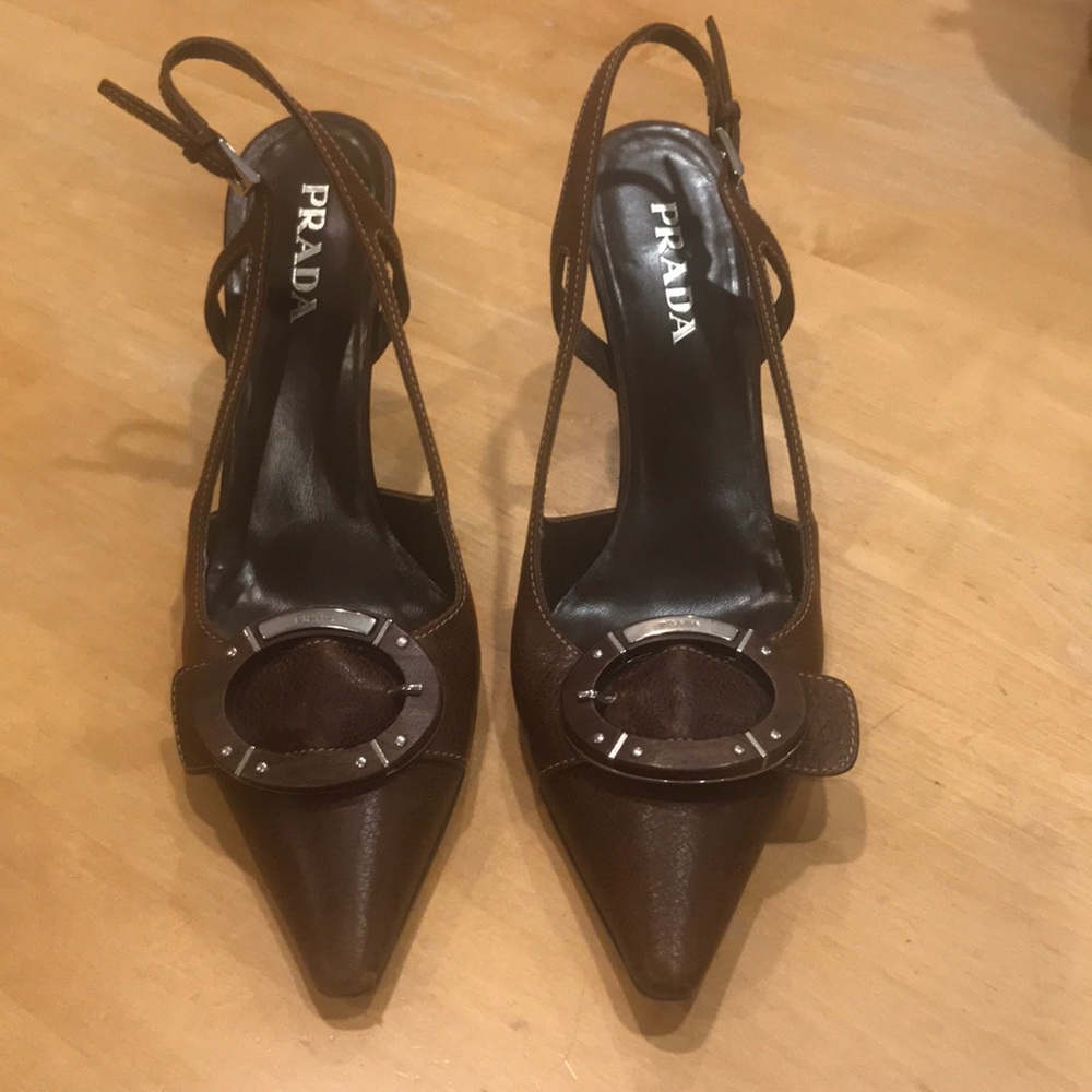 Brown leather vintage prada sling back shoes